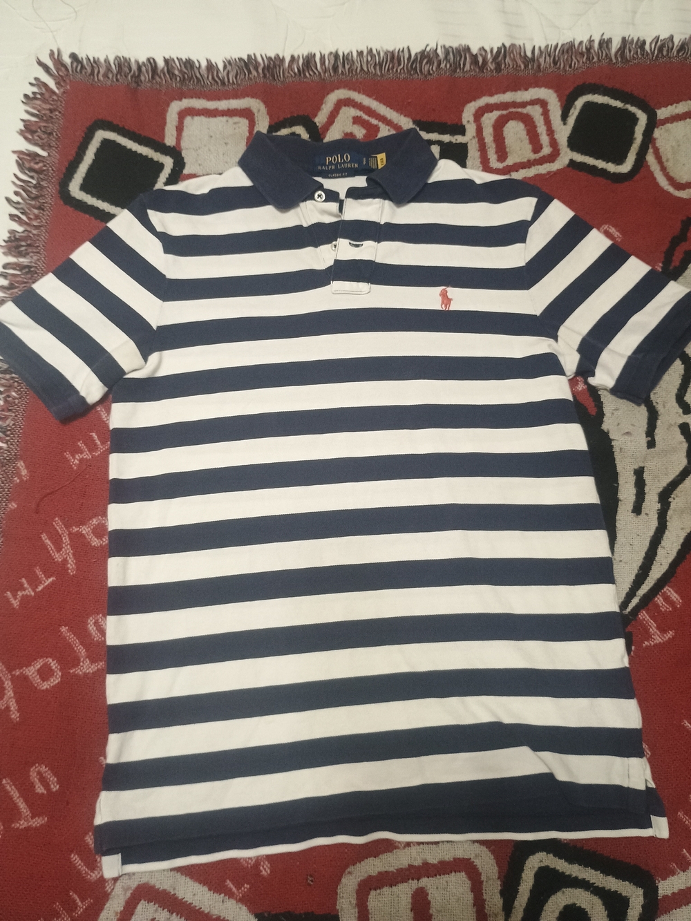 Polo by Ralph Lauren Navy and White Striped Polo Shirt with Red Pony